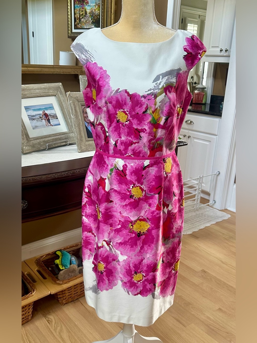 David Meister White Sheath Dress with Bright Pink Floral Print